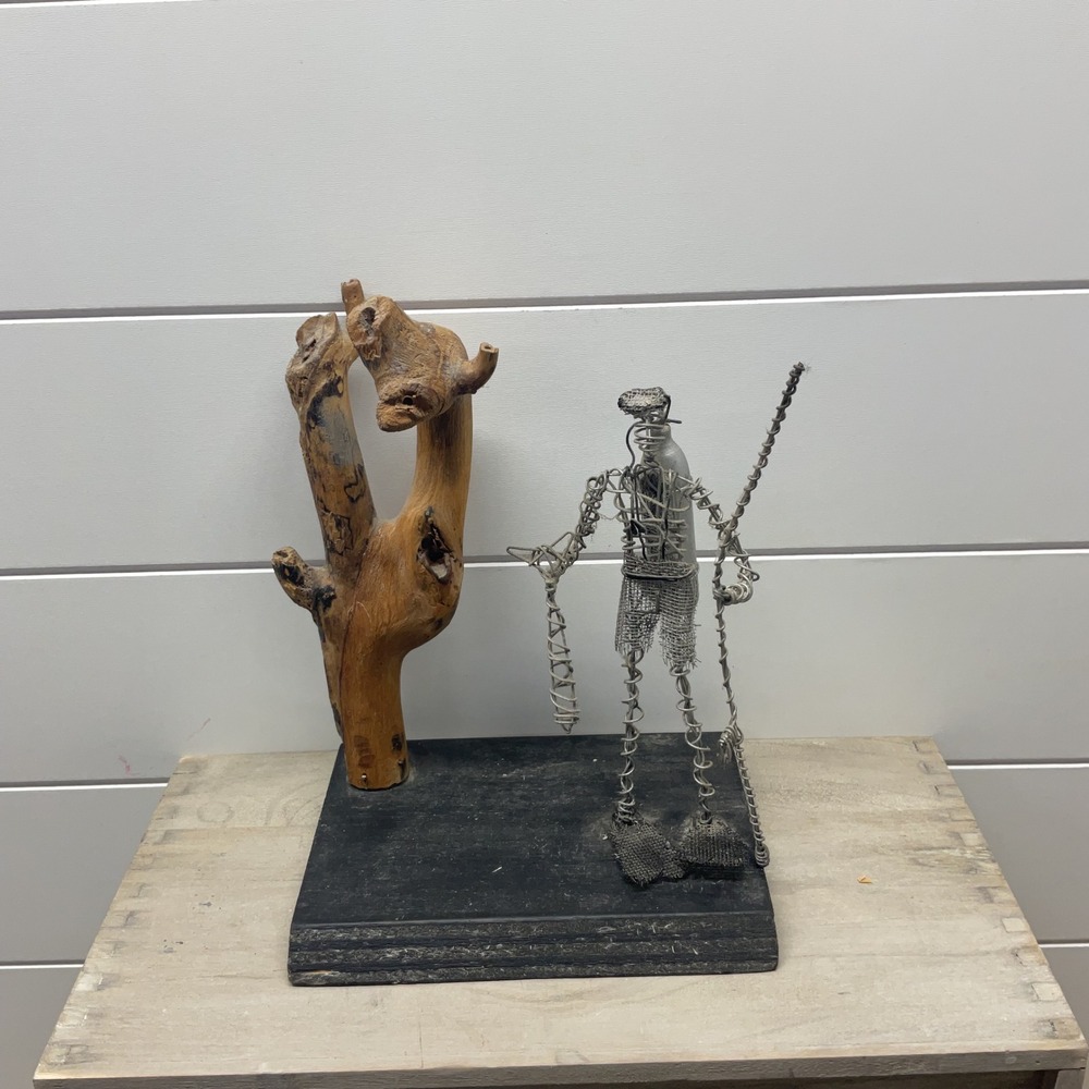 Vintage 1982 Yari Signed Wire Scuba Diver Driftwood Mixed Media Sculpture